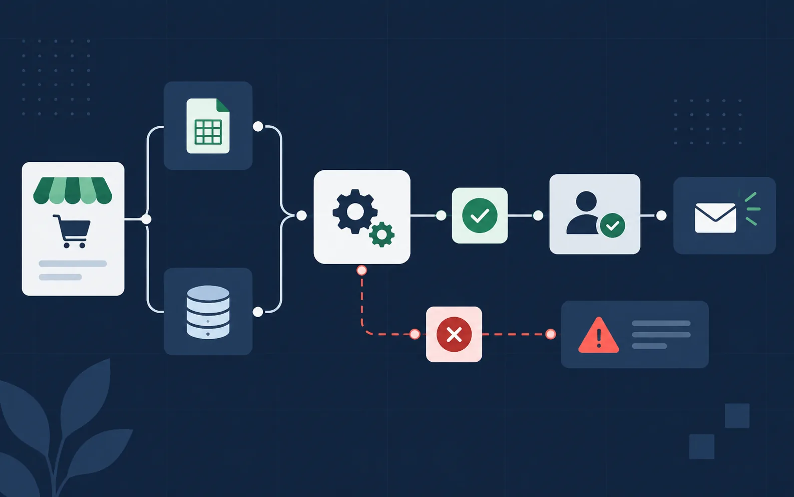 Editorial illustration of ecommerce tools connected through validation, approval, and error paths.