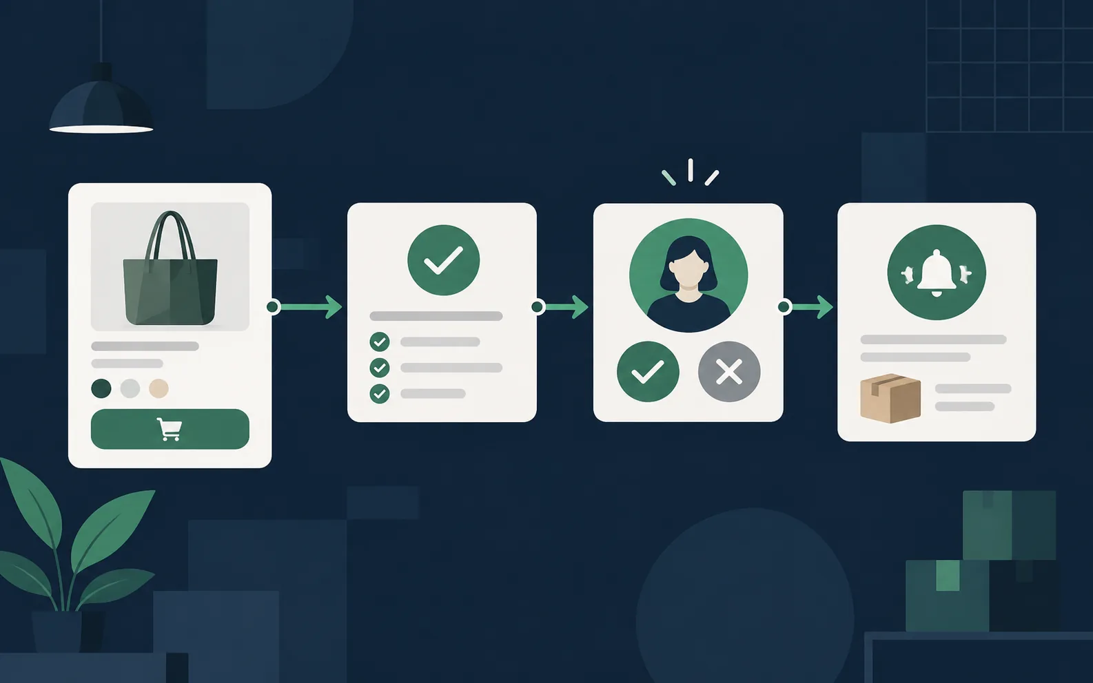 Editorial workflow illustration showing product validation, human approval, and an operations notification.