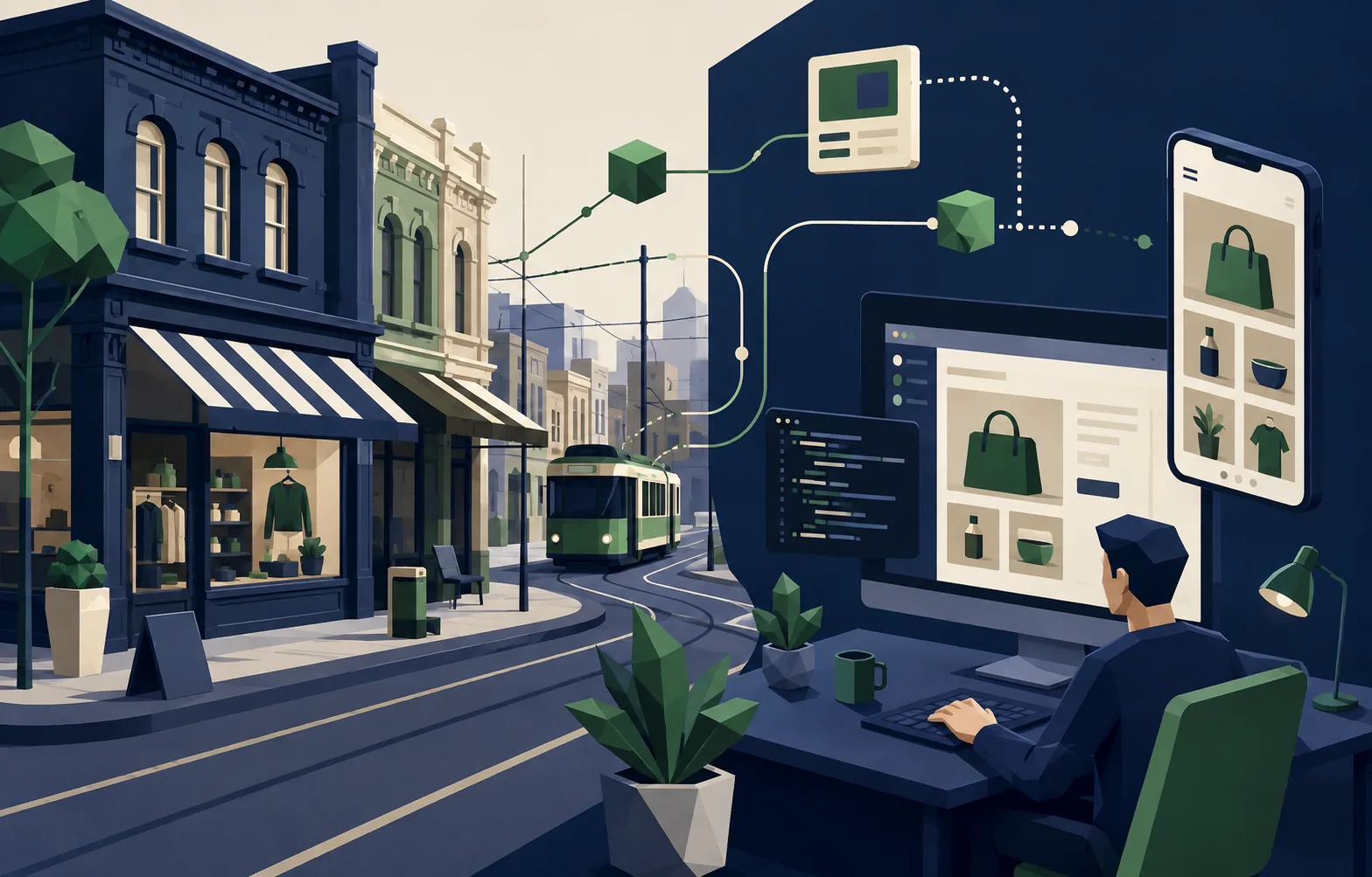 Editorial illustration connecting a Melbourne shopfront with Shopify development work.
