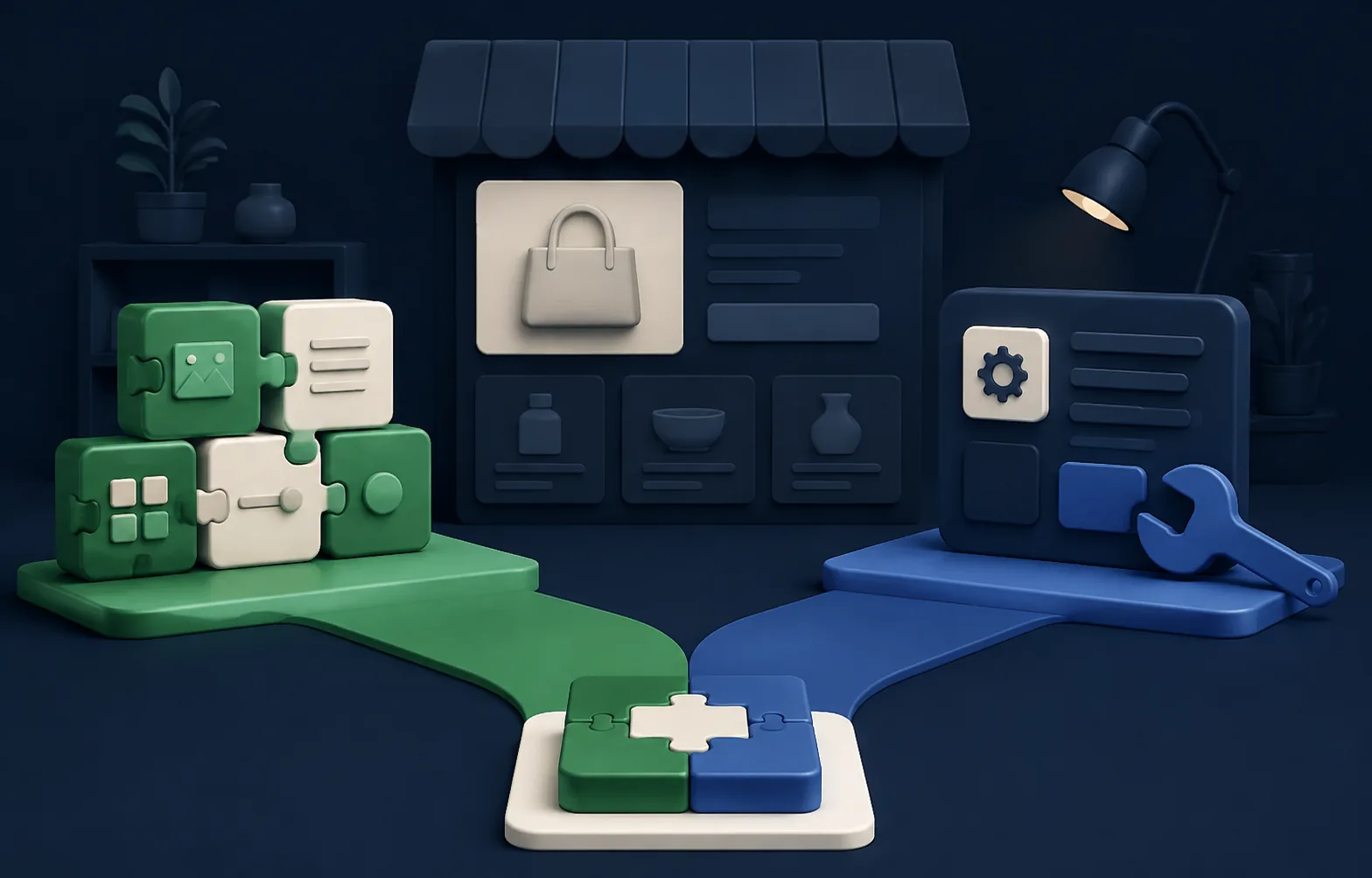 Editorial illustration comparing a ready-made app with custom Shopify development.
