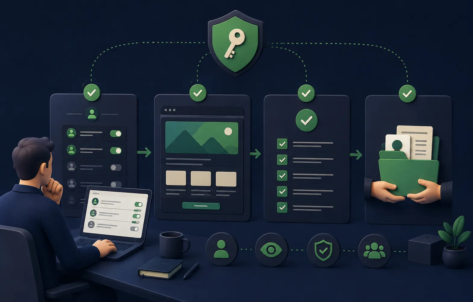 Editorial illustration of a merchant reviewing Shopify access and delivery evidence.