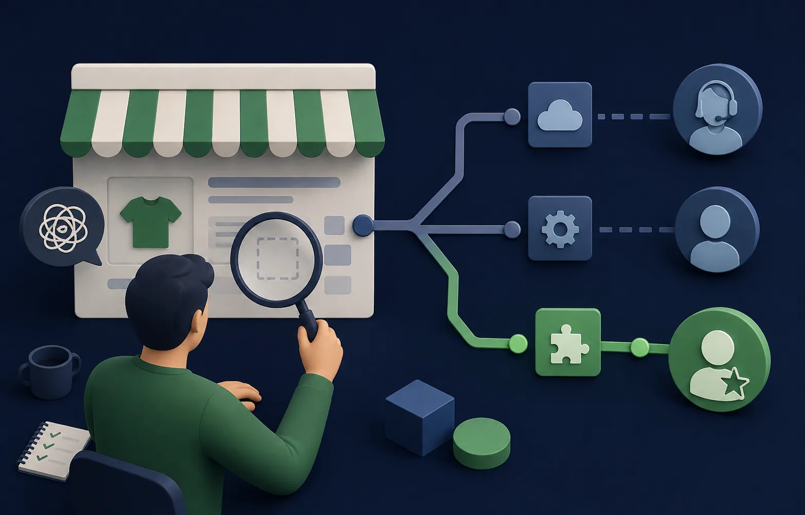 Editorial illustration of a merchant tracing a Shopify storefront issue.