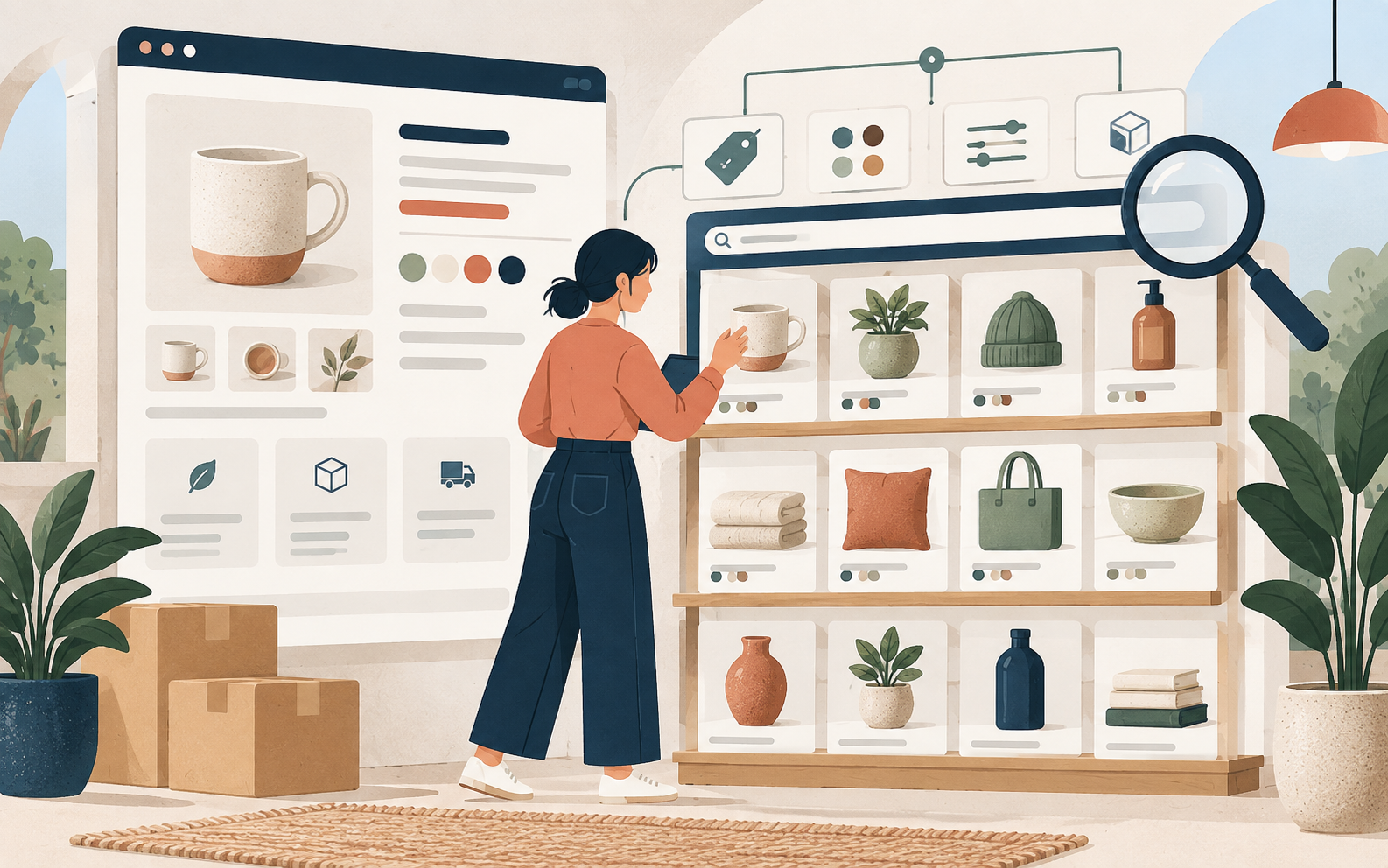 Editorial illustration of products and collections being organised into a clear Shopify SEO structure.