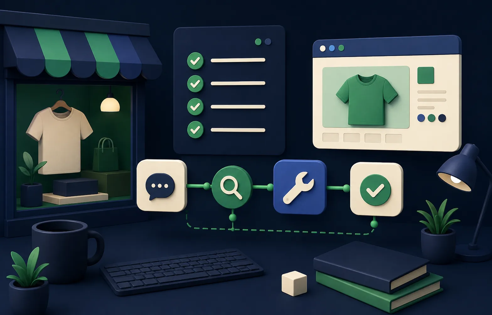 Editorial illustration of an organised Shopify support workflow.