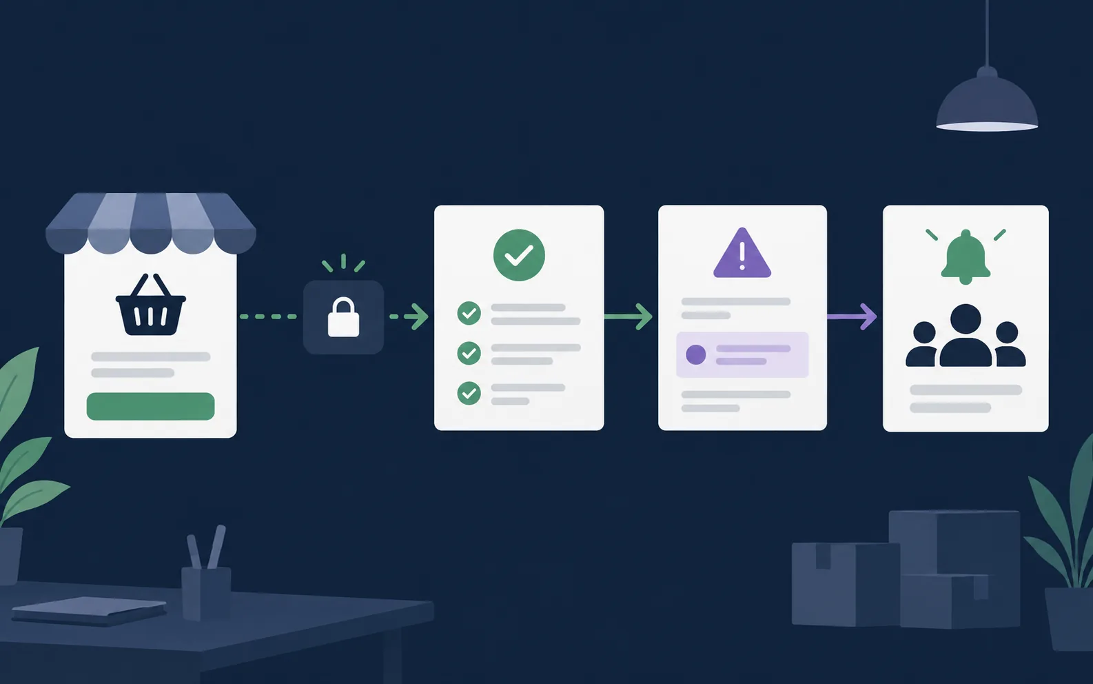 Editorial workflow illustration showing a WooCommerce order moving through verification and exception review.
