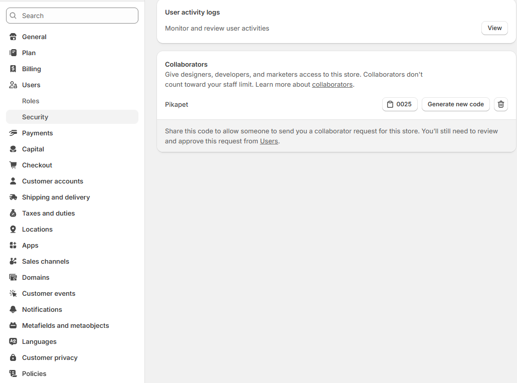 Shopify Users and permissions Security page showing the Collaborators section and a four-digit collaborator code.