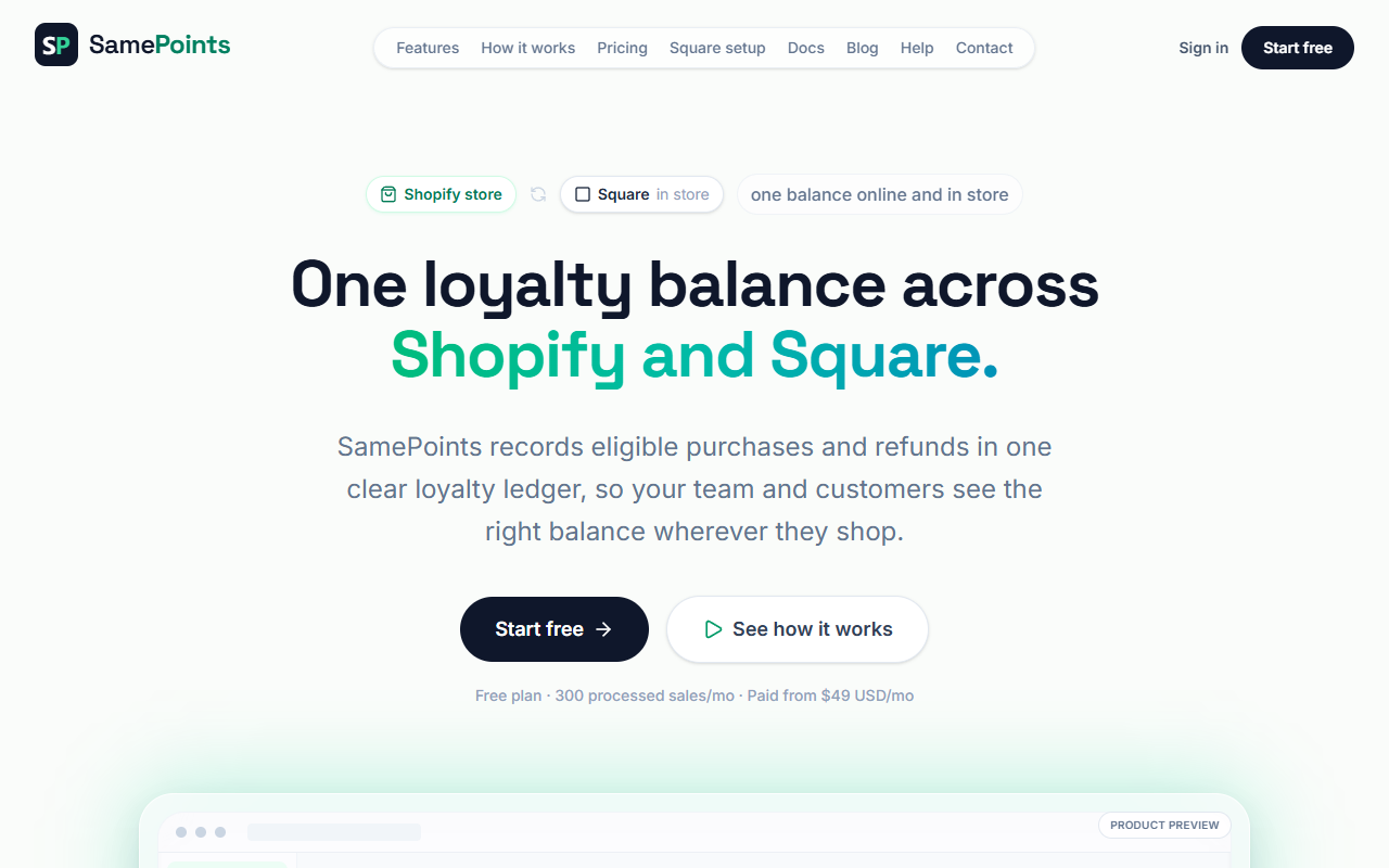 SamePoints product interface showing one loyalty balance across Shopify and Square.